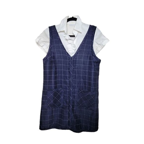 Pinstripe Plaid V-Neck Raw Hem Mini Pocket Detail Dress Navy Blue White Size Med - Picture 1 of 13